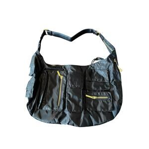 Avon Black Hobo Bag Nylon Multi Pocket Gold Zip Y2K Shoulder Purse Night Out VTG
